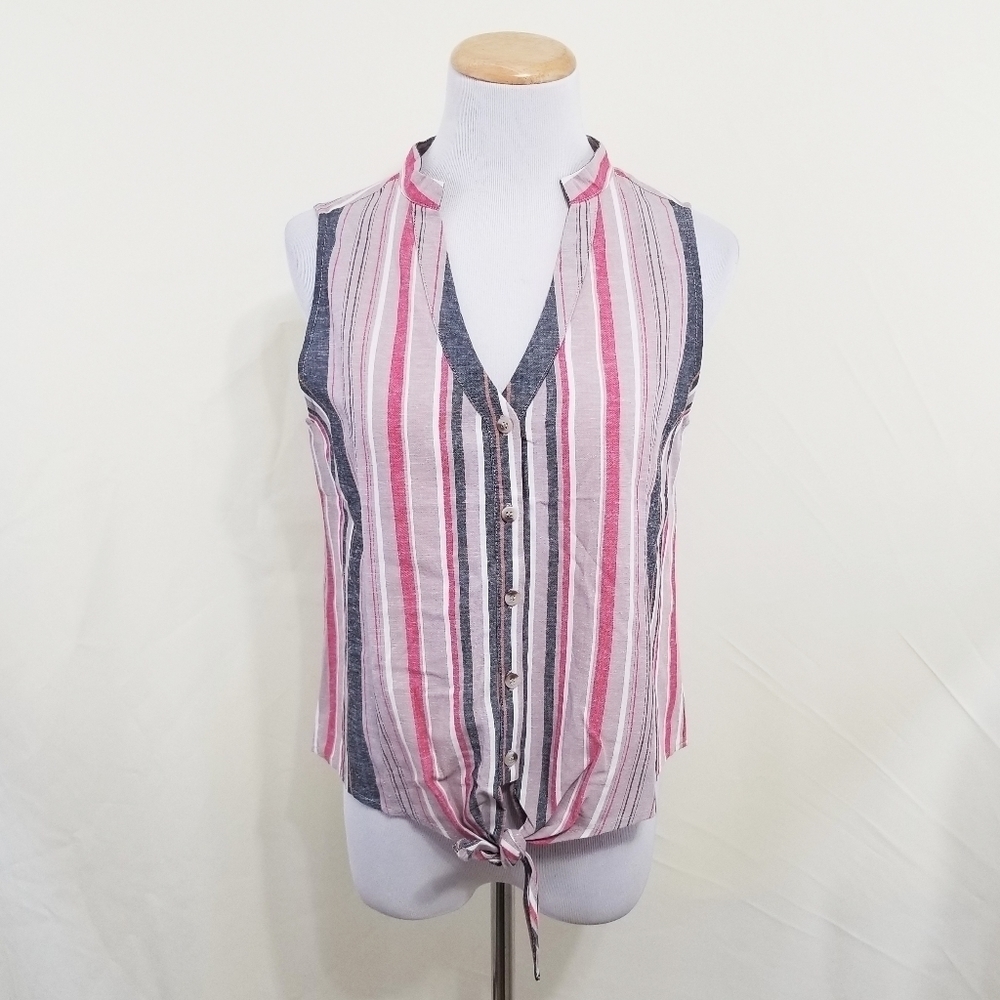 Drew linen striped tank top tie front button red NEW